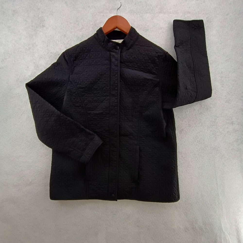 Laura Ashley Quilted Jacket Women PS Black Zip Pockets Mock Neck Classic Chic.